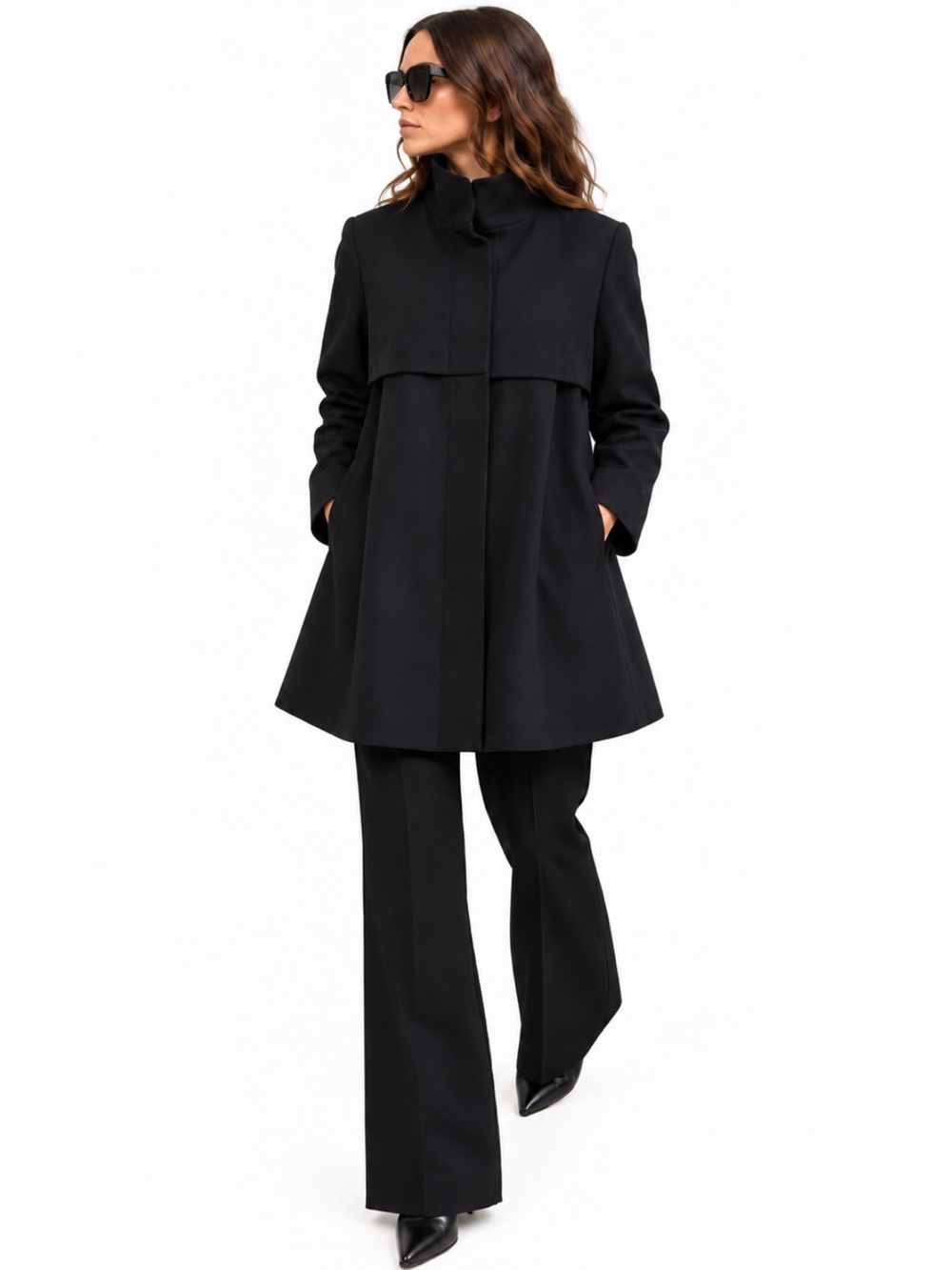 Theory Black A-Line Coat with High Funnel Collar